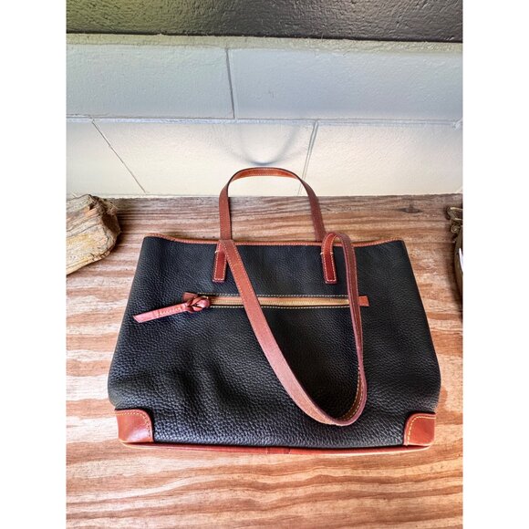Dooney & Bourke Black Leather Tote Bag With Brown Trim & Gold Logo - Picture 4 of 10